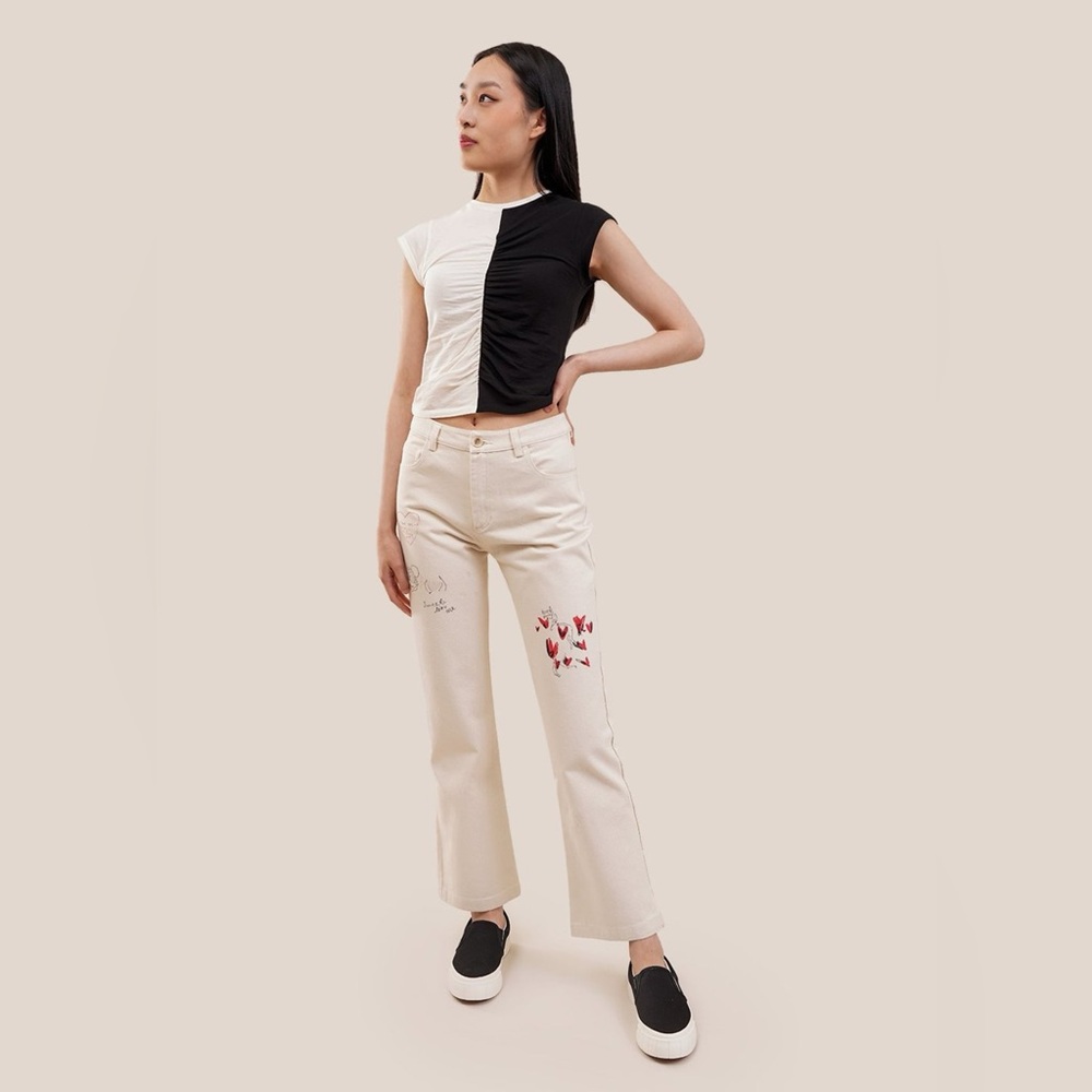 Paloma‎ Wool Women's Jack Pants Cream Organic Doodle Straight Leg Jeans- Size 4